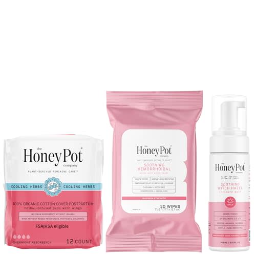 The Honey Pot Company - Postpartum Pads, Wash, & Wipe Bundle - Postpartum Essentials - 12ct Pads, Witch Hazel Feminine Wash, 20ct Witch Hazel Feminine & Hemorrhoid Wipes
