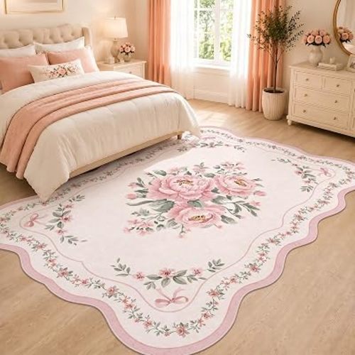 Scalloped Pink Floral Rug for Bedroom Girls, 6x9 Washable Area Rug for Living Room, Soft Non-Slip Low Pile Carpet for Nursery, Playroom, Dorm or Kids Room