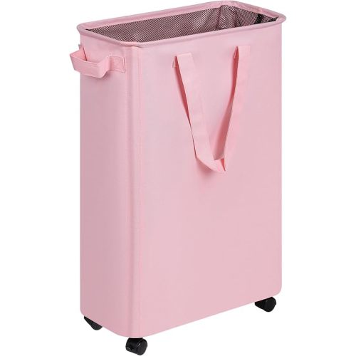 Laundry Basket, Slim Laundry Basket with Wheels, Rolling Laundry Basket for Clothes, Small Laundry Basket for Bedroom, Dorm and Laundry Room, 48L (12.7 Gallons) Pink