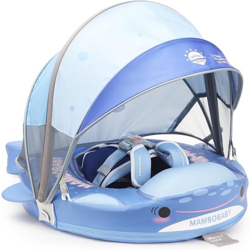 2024 Newest Mambobaby Baby Pool Float with Canopy & Tail Mambobaby Baby Swim Float Non-Inflatable Solid Baby Float Upgrade Soft Waterproof Skin-Friendly Material Infant Swim Float - SHARK-BLUE