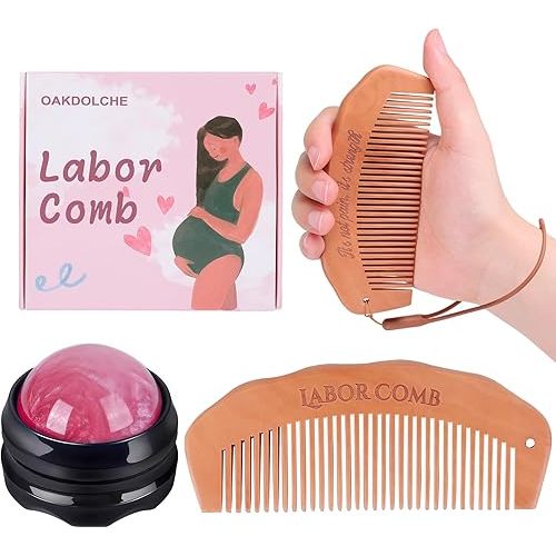 Birth Comb & Massage Roller Ball Kit for Women Labor and Delivery Essentials, Wooden Labor Comb Pregnancy Must Haves, Designed for Expectant Moms