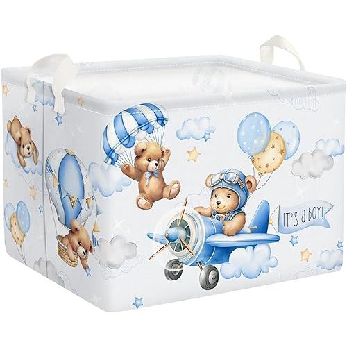Clastyle 36L Blue Pilot Bear Boy Shower Basket Hot Air Balloon Gift Basket for Kid Room Nursery Pool Toy Towel Book Shelf Basket with Handle Collapsible Rectangle Large Clothes Storage Basket
