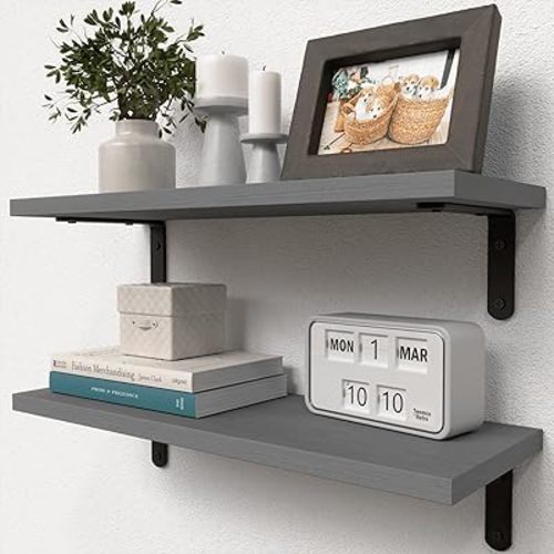 RICHER HOUSE Rustic Wood Bathroom Shelves Set of 2, Farmhouse Style Floating Shelf for Wall Décor, Hanging Shelves for Bedroom, Storage, Kitchen, Living Room - Grey