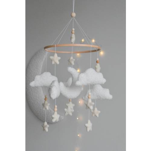 Boucle clouds and moon baby nursery mobile, Neutral baby mobile, Neutral nursery mobile, Clouds mobile, Felted stars mobile, personalized