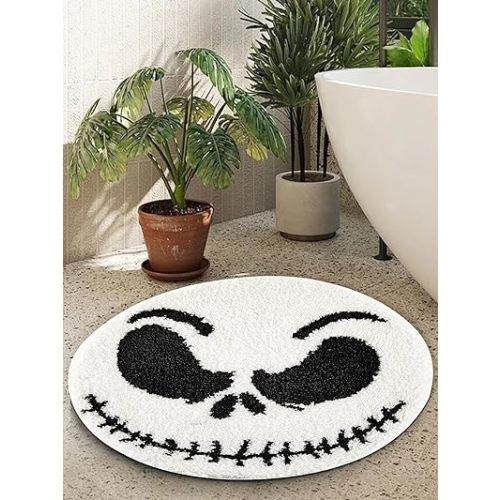 Jack Skellington Halloween Round Bathroom Rugs Mat 2ft, Non-Slip Machine Washable Soft Absorbent Shaggy Bath Rug Spooky Creepy Cute Halloween Bathroom Shower Floor Mat