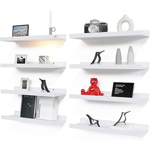 RICHER HOUSE 8 Set Floating Wall Mounted Shelves, Nursery Hanging Book Shelves with Lip for Storage, White Display Picture Ledge Shelf for Bedroom Bathroom Kitchen Living Room Wall Decor, Modern White