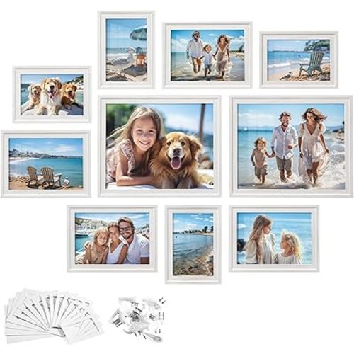 SONGMICS Picture Frames with 16 Mats, Set of 10 Collage Photo Frames, Two 8x10, Four 5x7, Four 4x6 Frames, Hanging or Table Display, Glass, 12 Non-Trace Nails, Cloud White