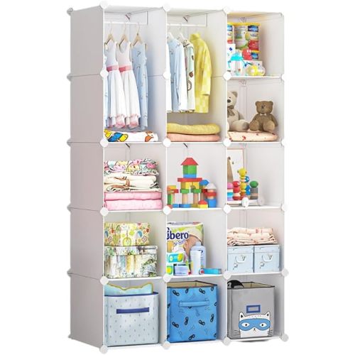Portable Baby Wardrobe, Modular Kids Dresser,Children Nursery Closet Organizer, 15 Cubes with Hanging Rods,Bedroom,Boys and Girls Storage Shelf, Armoire Clothes Cubby(White)