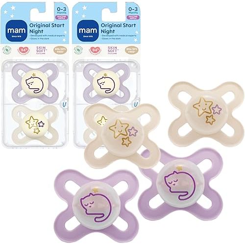 MAM Original Start Night Baby Pacifiers, Binky for 0-3 Months, BPA-Free Silicone Nipple, Easy to Clean, Best for Newborn Babies, Developed with Medical Experts, 4 Count Binkies with Sterilizer Case