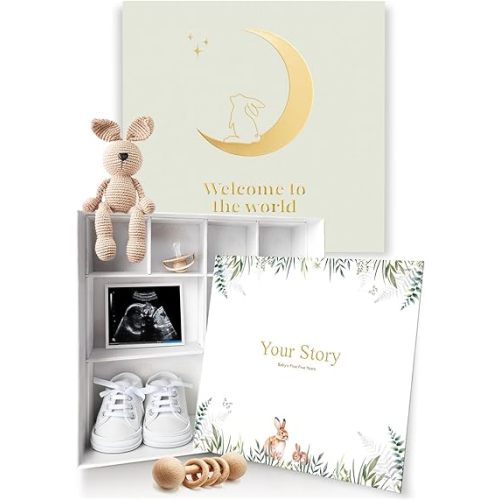 Baby Keepsake Box with Baby Book - Baby Shower Gifts for Mom, Baby Shower Gifts for Boys - Baby Journal Memory Book Boys - Gender Neutral Photo Album First 5 Years with Milestones Green