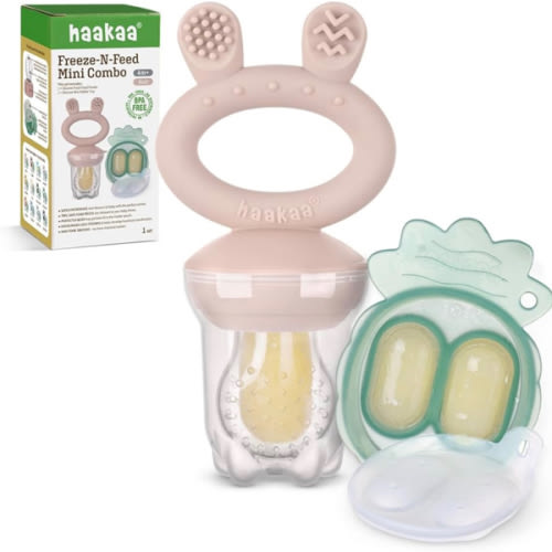 Haakaa Baby Fruit Food Feeder & Mini Freezer Nibble Tray Combo, Breastmilk Popsicle Molds for Baby Cooling Relief, BPA Free Silicone Feeder for Safe Infant Self Feeding, 4 Month+ (Blush)