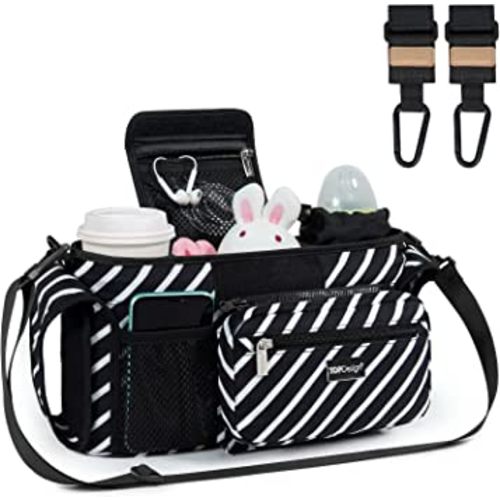 TOPDesign Universal Baby Stroller Organizer, Stroller Caddy with Heightened Insulated Cup Holders & Non-Slip Secure Hooks Accessories, Fits Most Strollers, Machine Washable (Diagonal Stripes)
