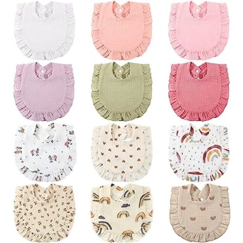 Geyoga 12 Pcs Baby Muslin Bibs Unisex Drool Teething Bibs, Adjustable Drool Bibs Feeding Cloth Baby Bibs for Baby Infants