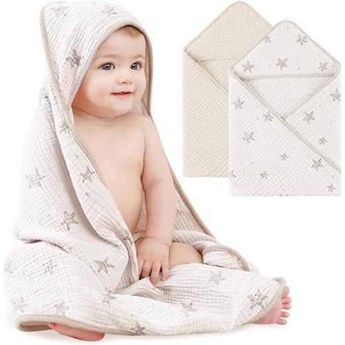 Bearmoss Muslin Baby Bath Towels 100% Cotton Baby Hooded Bathing Towels for Newborn Unisex Baby Boys Girls Infants Toddlers & Kids - 30x30in 2Pack (Cream Star)