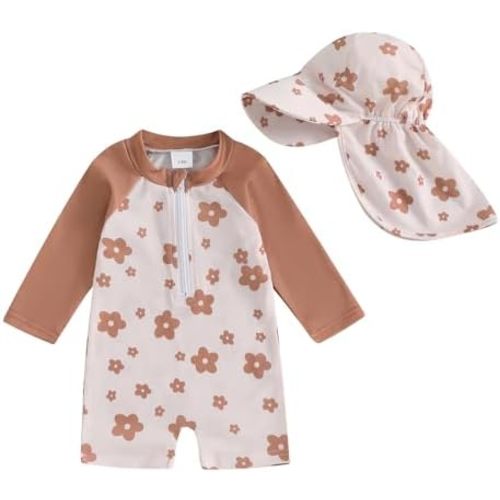 Toddler Baby Girl One-Piece Swimsuit Floral Print Long Sleeve Zip Up Bathing Suit Hat 2Pcs Sets Swimwear Beachwear