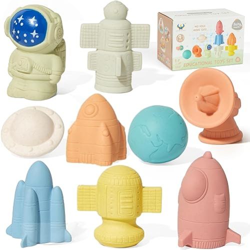 Mold Free Bath Toys for Babies 6-12 Months, 9 Pack No Holes Astronaut & Rocket Ship Bath Toys, Safe and Non Toxic Floating Pool Bathtub Toy