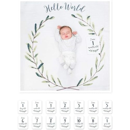 lulujo Baby’s First Year Milestone Blanket and Card Set | 40in x 40in (Hello World)