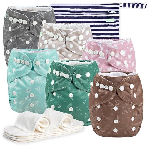 Wegreeco Cloth Diapers 6 Pack with Inserts & Wet Bag, Washable Reusable Diapers for Babies, One Size Adjustable (Palm)