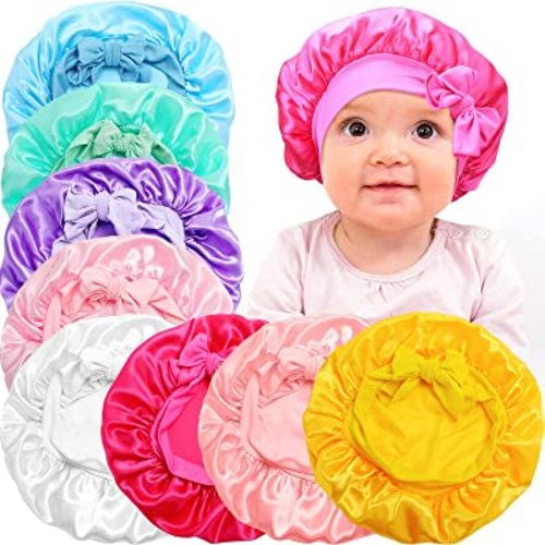 8 Pcs Silk Baby Bonnet 0-6 6-12 Months Infant Bonnets with Tie Band Adjustable Kids Sleeping Hair Cap