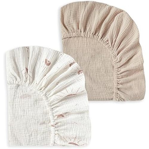 JELLYMONI Muslin Crib Sheets for Girl Boy, 2 Pack 100% Cotton Baby Fitted Crib Sheets for 52''x28'' Standard Crib Mattress, Soft Muslin Cotton Baby Sheet