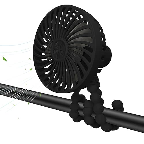UHOUSEST Stroller Fan,3 Speed Adjustable Portable Fan,USB Rechargeable Battery Powered,Handheld with Flexible Tripod, Suitable for Cribs and Treadmills Student Desks Bicycles Beach Camping (Black)