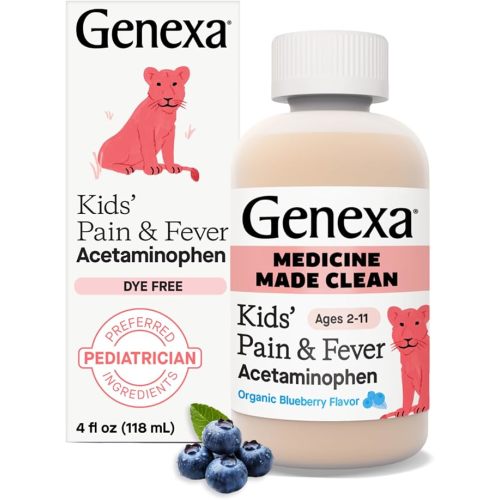 Genexa Children's Clean Acetaminophen | Pediatrician Preferred Ingredients | Pain & Fever Reducer for Kids | Dye Free, 0% Artificial Additives | Ages 2-11, Delicious Organic Blueberry Liquid, 4 fl oz