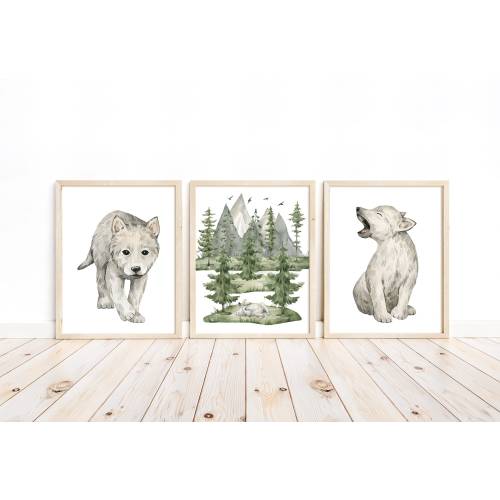 Baby Wolf Cub Woodland Forest Animals Wilderness Watercolor Nursery Decor Set of 3 Unframed Prints