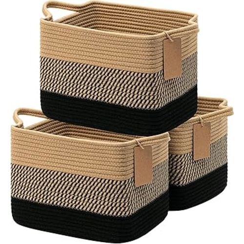Goodpick Storage Basket, Wicker Baskets for Storage, Small Laundry Basket for Toys, Books, Rectangular Baskets for Shelves, Living Room, Bathroom, Pack of 3, 13 x 10 x 9 Inches