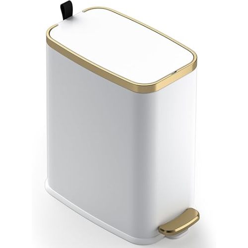 CEROELDA Small Bathroom Trash Can with Lid Soft Close-5L/1.3 Gal Slim Garbage Can-Metal Step Wastebasket-Rectangle Narrow Waste Bin for Office, Bedroom, Toilet, Live Room-White