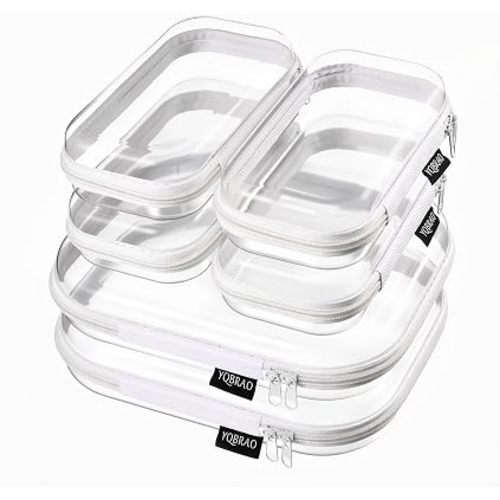 YQBRAO Clear Hard Shell Zipper Cases, 6 Travel Organizers, 2M 4S, White