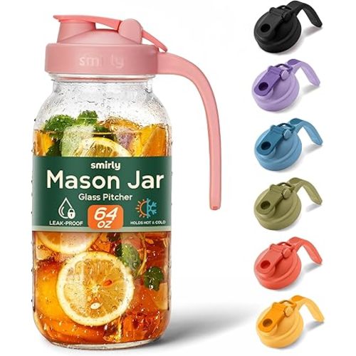SMIRLY 64 oz Mason Jar Pitcher,Glass Pitcher with Wide Mouth,Water Jug with Double Leak Proof Lid for Iced Coffee,Hot Water,Breast Milk