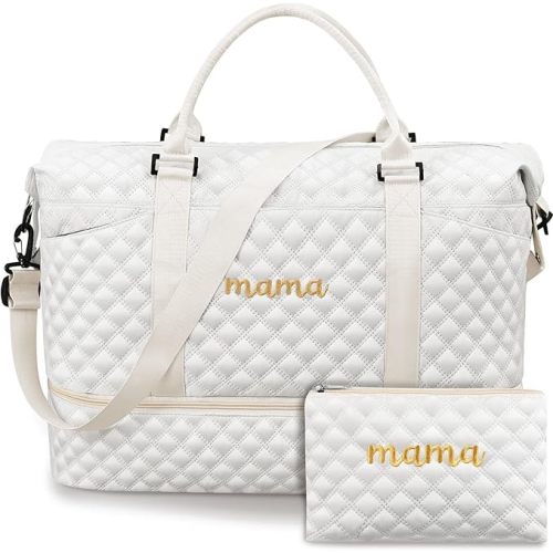 Mama Hospital Bag for Women Labor Delivery Travel Duffle Bag with Shoe Compartment and Toiletry Pouch Waterproof Letter Embroidered for Pregnancy Weekender Overnight Gym Gift, Beige