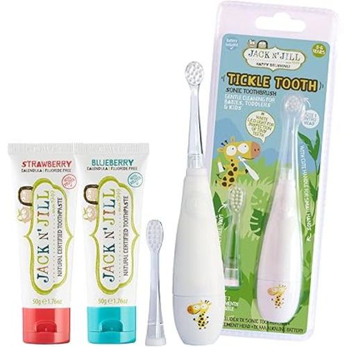 Jack N' Jill Tickle Tooth Toddler Toothbrush & Toothpaste Set - Baby Electric Toothbrush, Natural Toothpaste for Kids, Made for Tiny Teeth, Organic Fruit Flavor (Strawberry & Blueberry)