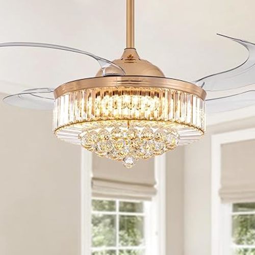 48 Inch Crystal Ceiling Fan with Light and Remote Modern Dimmable Fandelier Invisible Retractable Chandelier Fan Gold for Bedroom Living Room