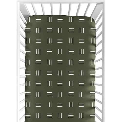 Sweet Jojo Designs Hunter Green Boho Mudcloth Boy or Girl Fitted Crib Sheet Baby or Toddler Bed Nursery - White Bohemian Woodland Tribal Southwest Mud Cloth Hatch Gender Neutral Triple Line