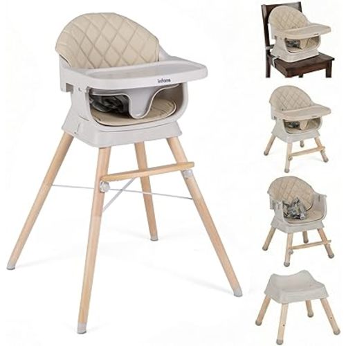INFANS Baby High Chair, 6 in 1 Wooden Convertible Highchair for Babies and Toddlers, Infant Dining Booster Seat Kids Stool with Adjustable Removable Tray (Beige)