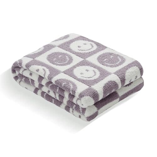 Baby Throw Blankets with Smiley Faces Checkered Reversible Soft Cozy Warm Blanket for Bed Sofa Travel (Grid Smile,Purple,28"x40")