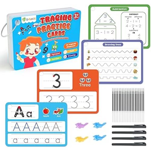 D-FantiX Magic Grooved Writing Practice for Kids Age 3-5, Reusable Grooved Handwriting Practice for Kids 5-7, Number Letter Tracing Practice Cards for Kids Kindergarten Preschool Learning Activities