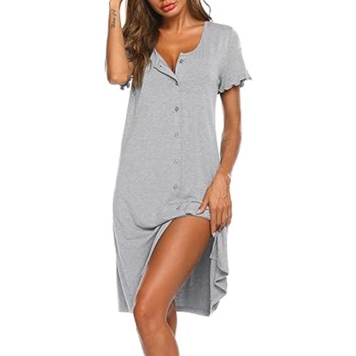 Ekouaer Women's Nightshirt Short Sleeve Button Down Nightgown V-Neck Sleepwear Pajama Dress