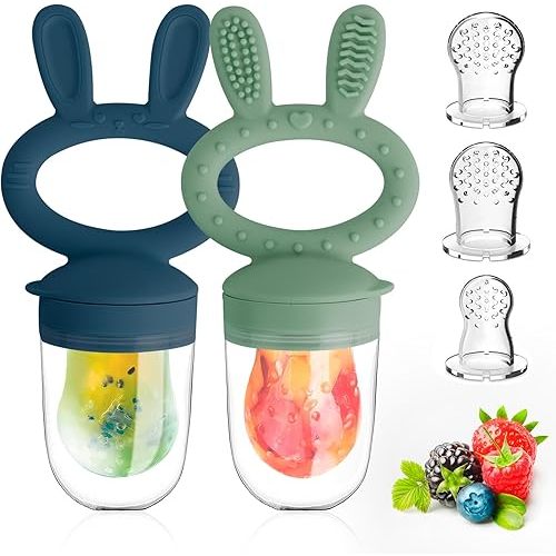 Baby Solids/Frozen Fruit Feeder Pacifier, Infant Teether Toy 4M+, BPA-Free Silicone Pouch & Nipple, Safely Introduce Solids, Teething Relief, 2-Pack - Blue/Green (Rabbit)