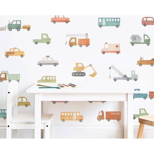 Car and Truck Wall Decals - Nursery Decor, Watercolor Wall Art, Kids Room Decal, Reusable and Removable Wall Stickers