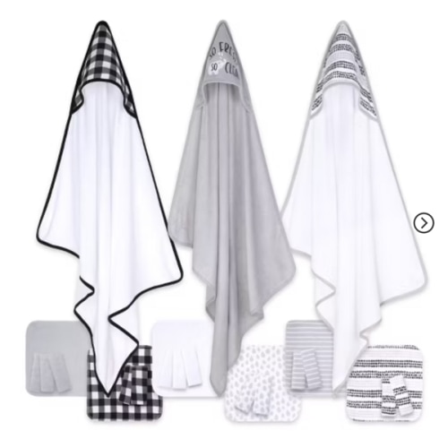 The Peanutshell Baby Hooded Towels And Washcloths Bath Set, 23-piece, So Fresh, Black/white/gray/plaid