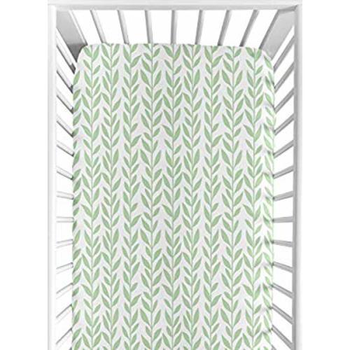 Sweet Jojo Designs Green and White Leaf Floral Girl Baby or Toddler Nursery Fitted Crib Sheet - Boho Farmhouse Sunflower Collection