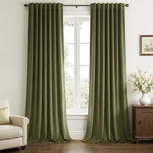 Topfinel Olive Green Velvet Blackout Curtains 84 Inches Long, Soundproof Room Darkening Dark Green Forest Green Thermal Insulated Boho Elegant Moody Back Tab Curtains for Living Room Bedroom 2 Panels