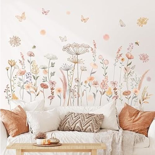 DECOWALL SG2-2421 Watercolor Boho Flowers Wall Decal Stickers Décor Home Wildflower Floral Dandelion Grass Plants Baby Nursery Girls Bedroom Kids Living Room Bee Peel and Stick Art Flower Vintage