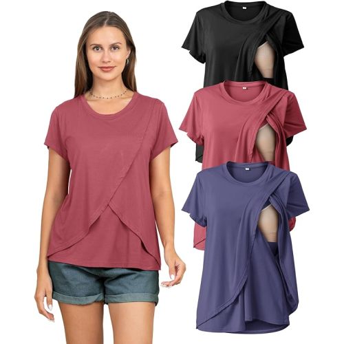 Rnxrbb 3 Pack Women's Nursing Tops for Breastfeeding Summer Short Sleeve T Shirts Postpartum Double Layer Clothes