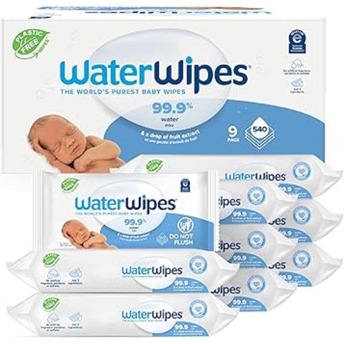 WaterWipes Plastic-Free Original-baby Wipes, 99.9% Water Based Wipes, Unscented & Hypoallergenic for Sensitive Skin, 60 Count (Pack of 9) Total 540 wipes, Packaging May Vary