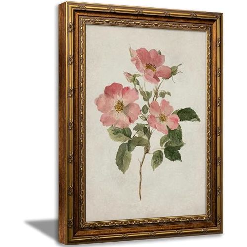 Vintage Gold Framed June Birth Flower Wall Art, Vintage Pink Rose Flowers Canvas Prints, Pink Floral Picture Wall Decor, Rose Botanical Poster Artwork for Living Room Bedroom Granddaughter Birthday Gift 9x11in