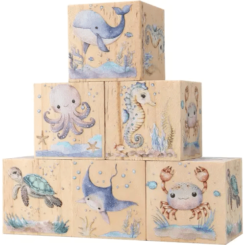 6 Pcs Ocean Animal Nursery Decor Blocks Wooden Shelf Decor for Baby Nursery Room Kids Bedroomm
