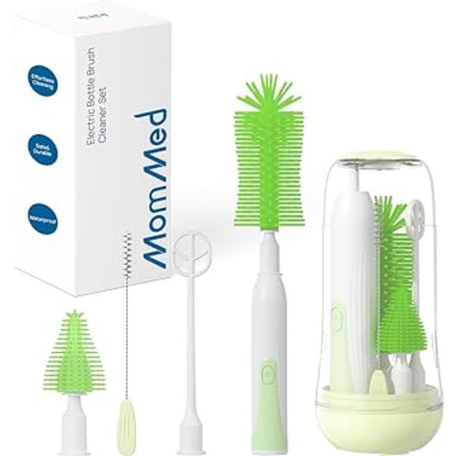 MomMed Electric Bottle Brush, Electric Baby Bottle Brush Set - Silicone Brushes for Bottles, Pacifiers, Straws, Mixing Head, Drying Rack - 2 Cleaning Modes, 360° Rotation